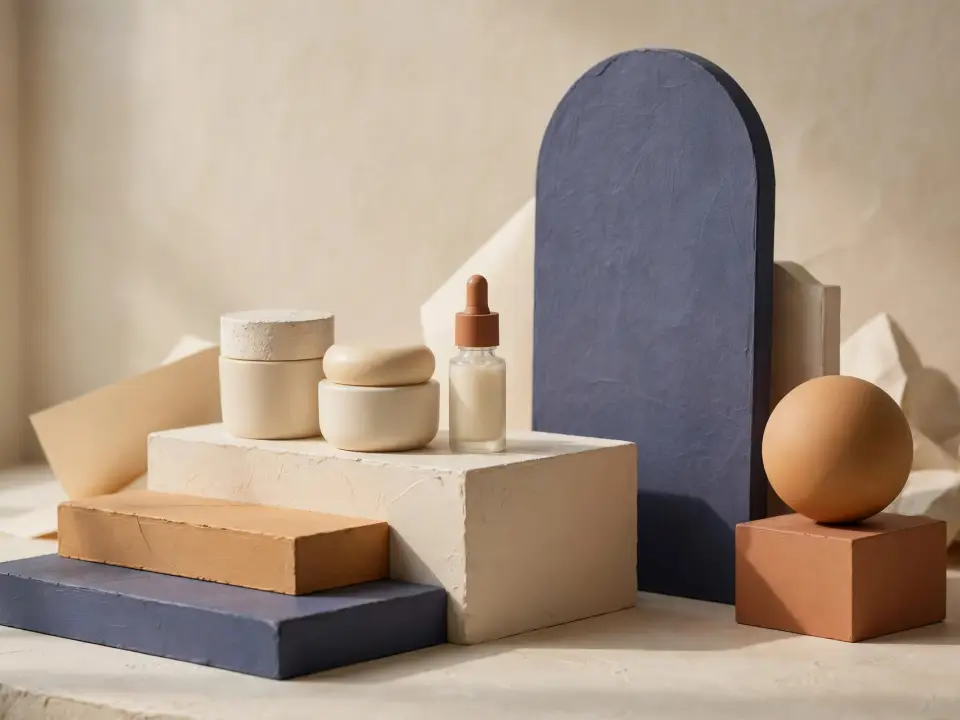 Skincare jars and a dropper bottle on stepped plinths beside an arched mirror