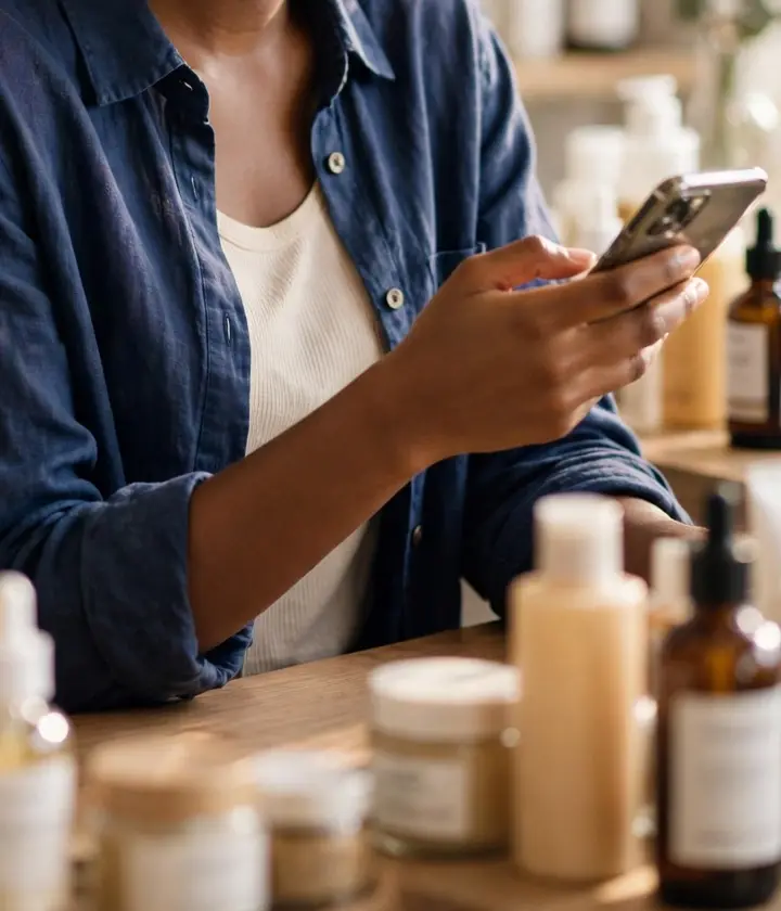 A shop owner reading an order on her phone at a skincare counter