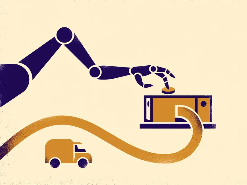 A robotic arm pressing a button on a machine linked to a delivery van